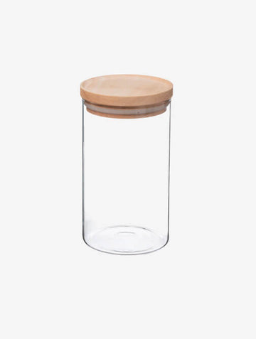 Luftdichter Topf aus Glas mit Holzdeckel