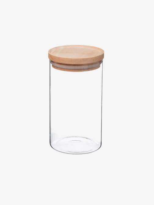 Luftdichter Topf aus Glas mit Holzdeckel